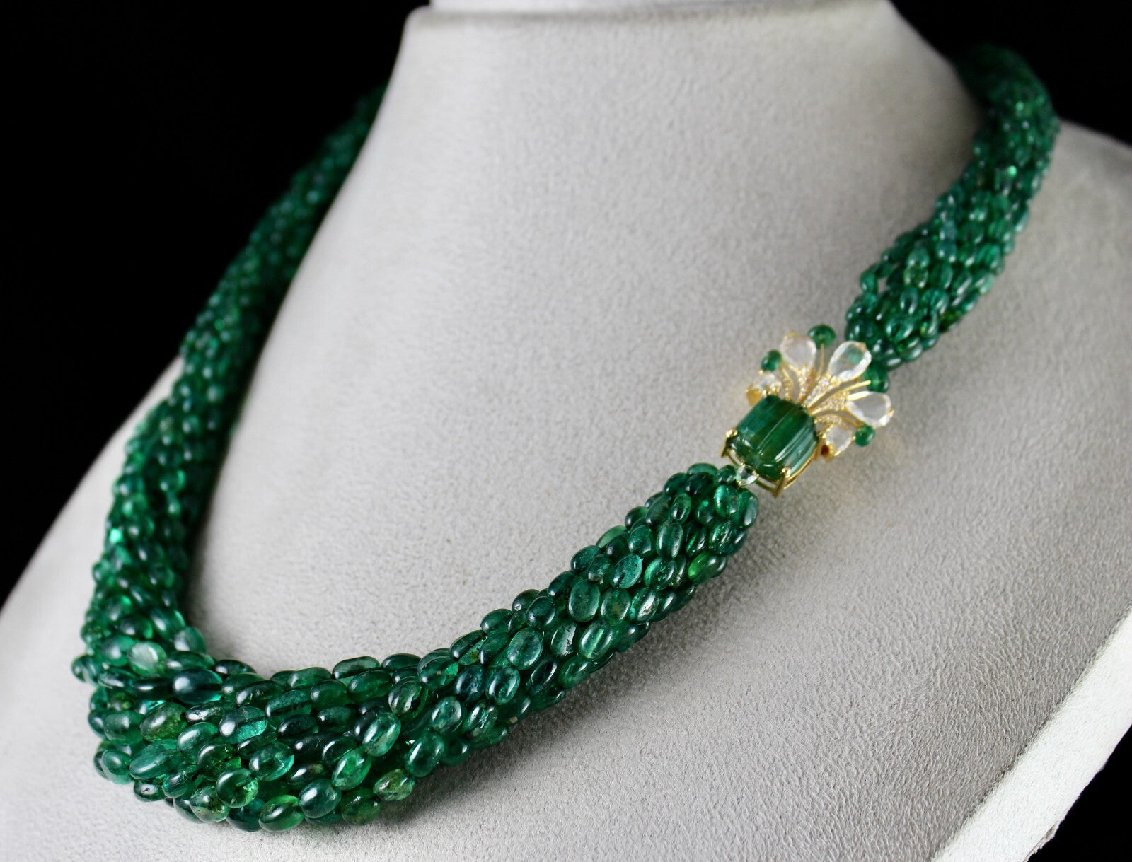 Certified Vintage Natural Emerald 673ct Beaded Natural Diamond 18k Gold Necklace