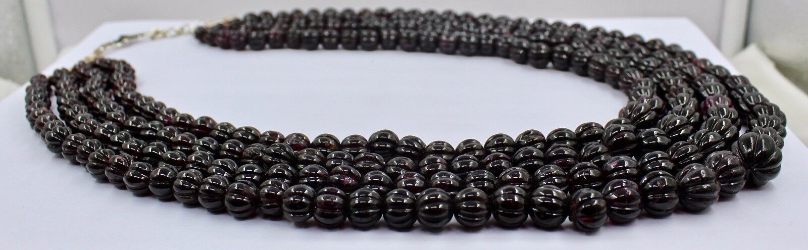 NATURAL GARNET BEADS CARVED MELON 4 LINE 2392 CARATS NECKLACE WITH SILVER HOOK 