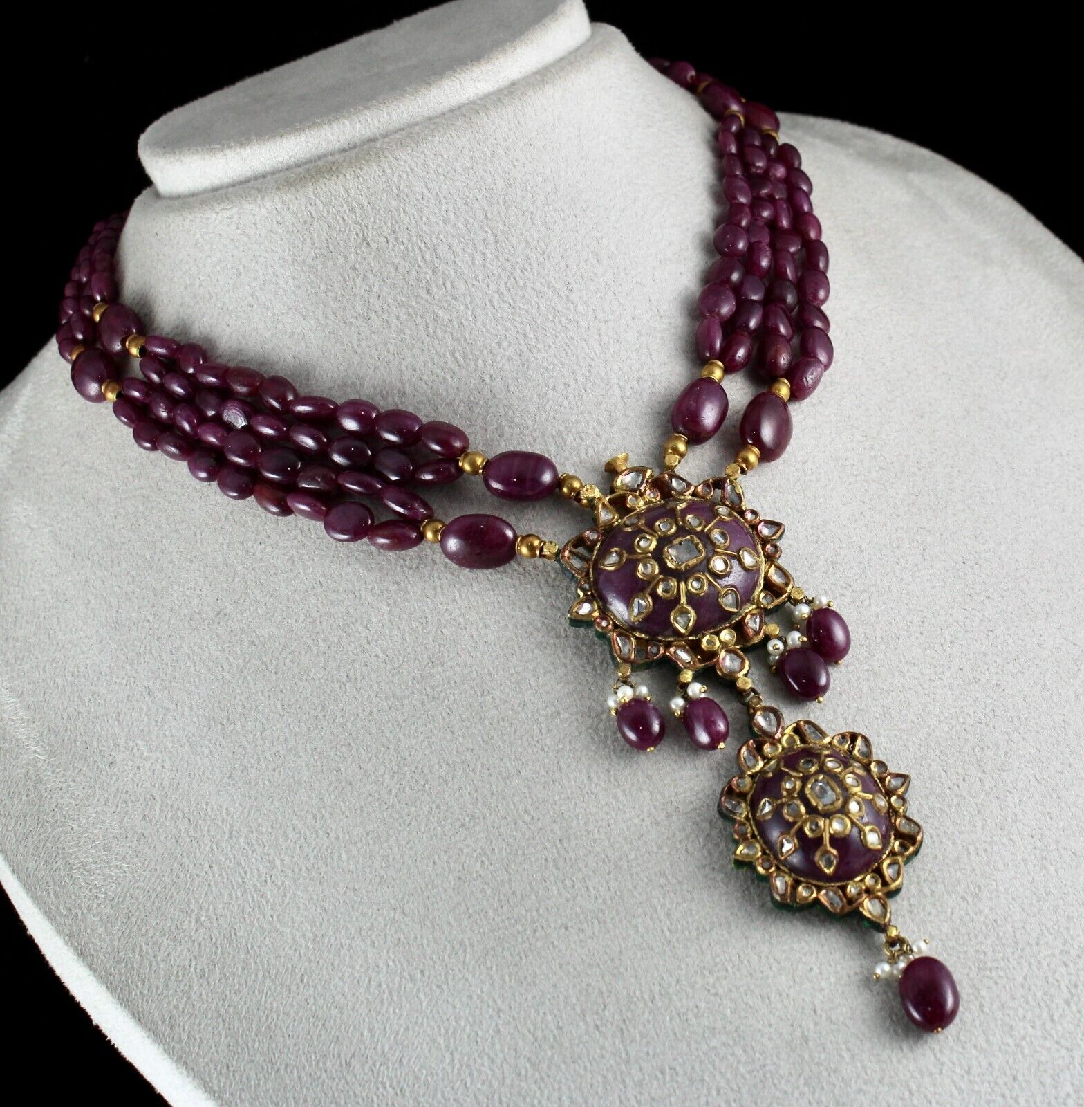 ANTIQUE NATURAL UNHEATED RUBY CABOCHON & BEADS DIAMOND 18K GOLD JADAU NECKLACE