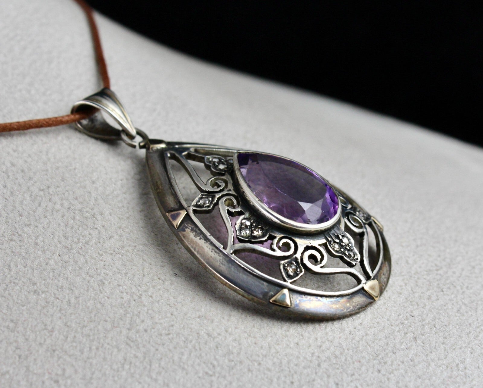 Antique Natural Amethyst 10ct Diamond Victorian Pendant Sterling Silver Gold