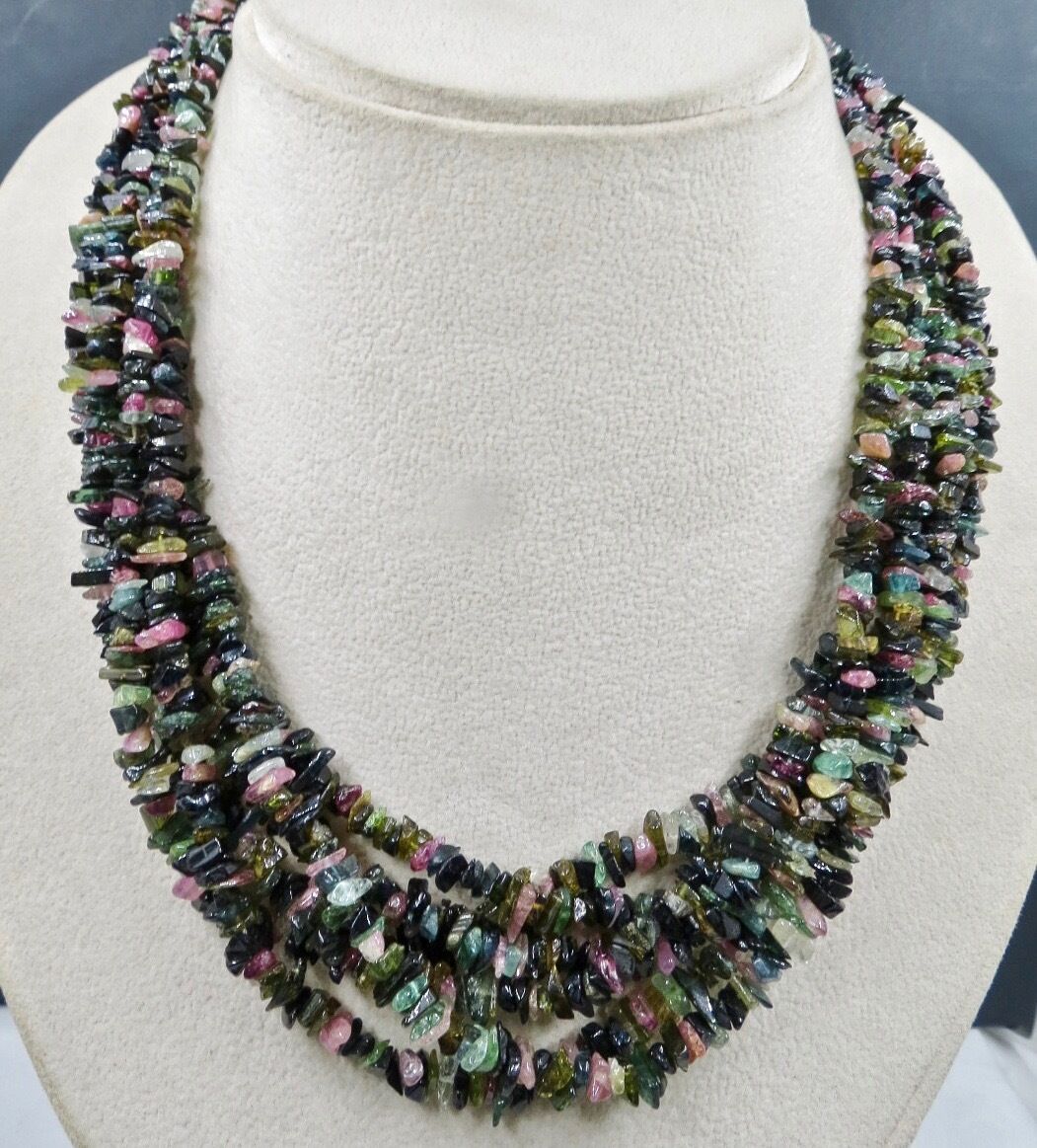 NATURAL MULTI TOURMALINE UNCUT BEADS 6 LINE 728 CTS GEMSTONE SILVER NECKLACE