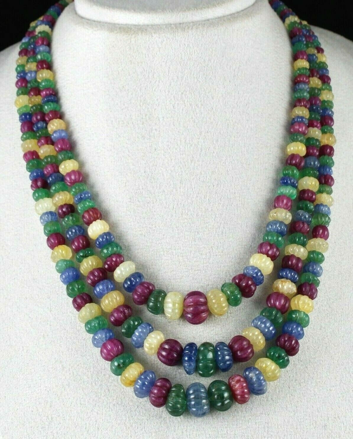 Certified Vintage Carved Emerald Ruby Sapphire Melon 973 Ct Necklace