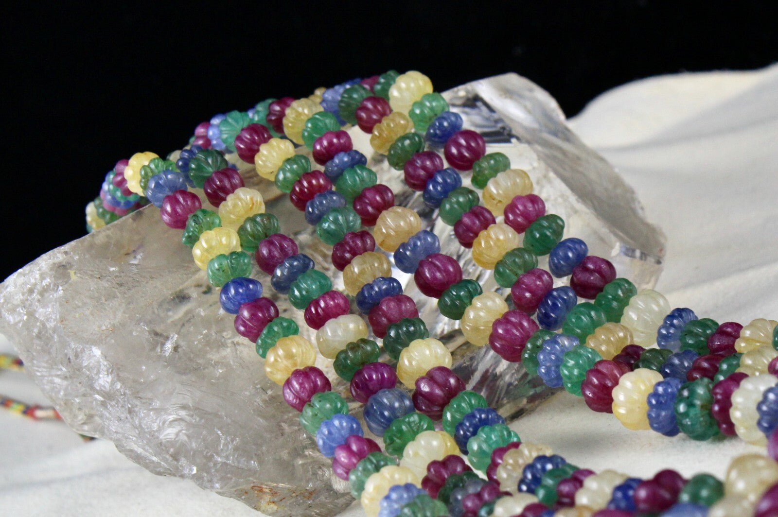 Certified Vintage Carved Emerald Ruby Sapphire Melon 973 Ct Necklace