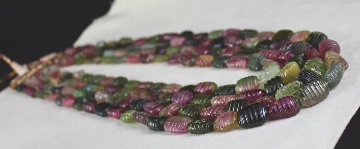 Natural Multi Colour Tourmaline Beads Carved Long 4L 1074 Ct Gemstone Necklace