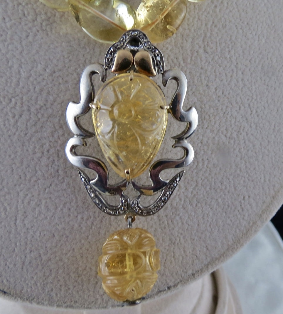 Citrine Diamond 284ct Sterling Silver 18k Gold Victorian Pendant Necklace