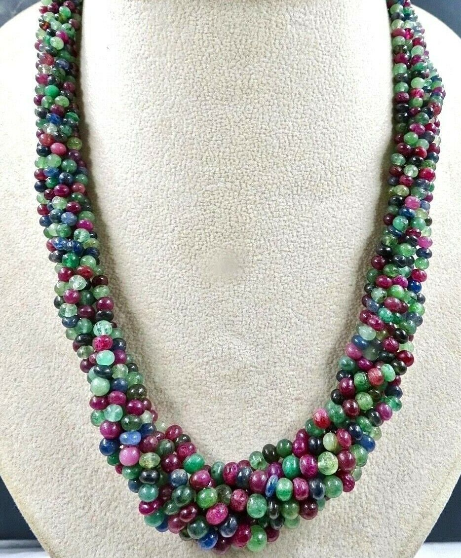 Vintage Natural Emerald Ruby Sapphire Beaded Round 631 Ct Stone Silver Necklace