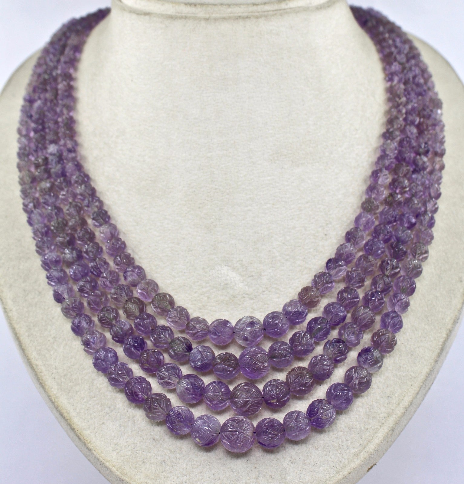 Certified Natural Amethyst 703 Ct Beads Carved Round Necklace For Ladies