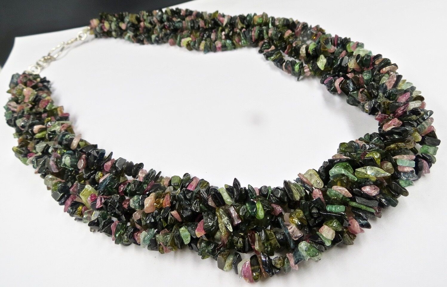 NATURAL MULTI TOURMALINE UNCUT BEADS 6 LINE 728 CTS GEMSTONE SILVER NECKLACE