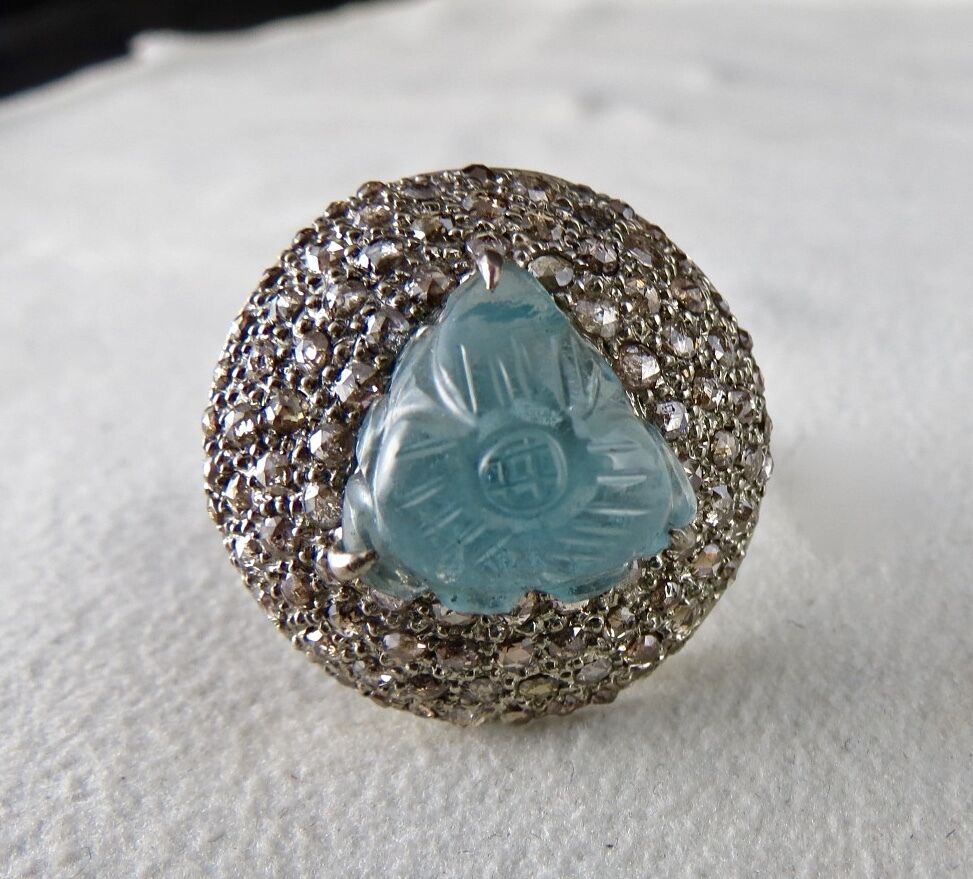 Antique Natural Blue Aquamarine Carved Diamond Gemstone Silver Victorian Ring