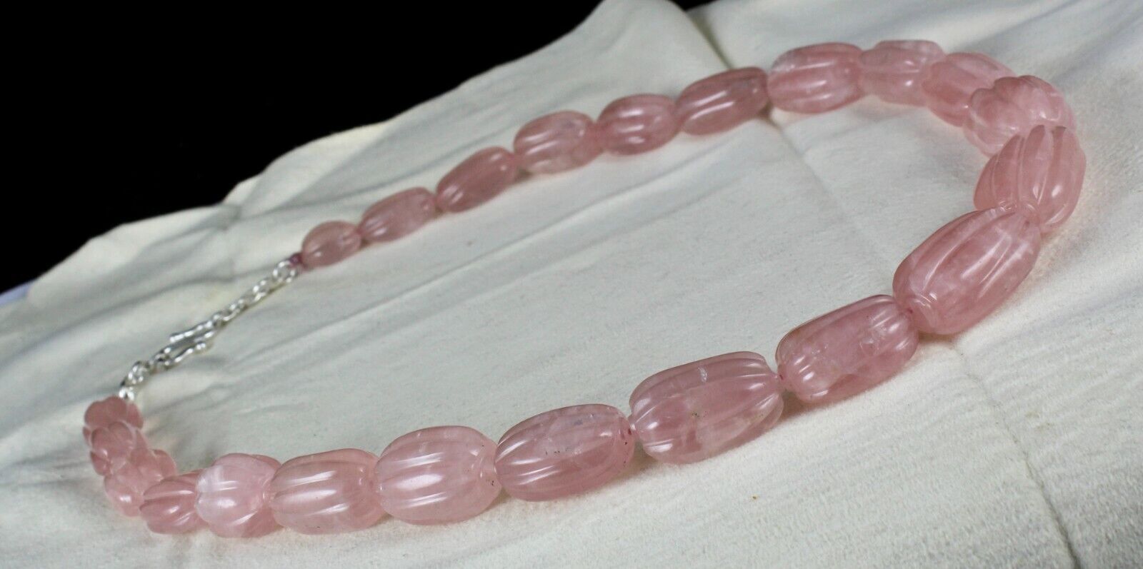 NATURAL ROSE QUARTZ MELON CARVED LONG BEADS 903 CARATS GEMSTONE SILVER NECKLACE