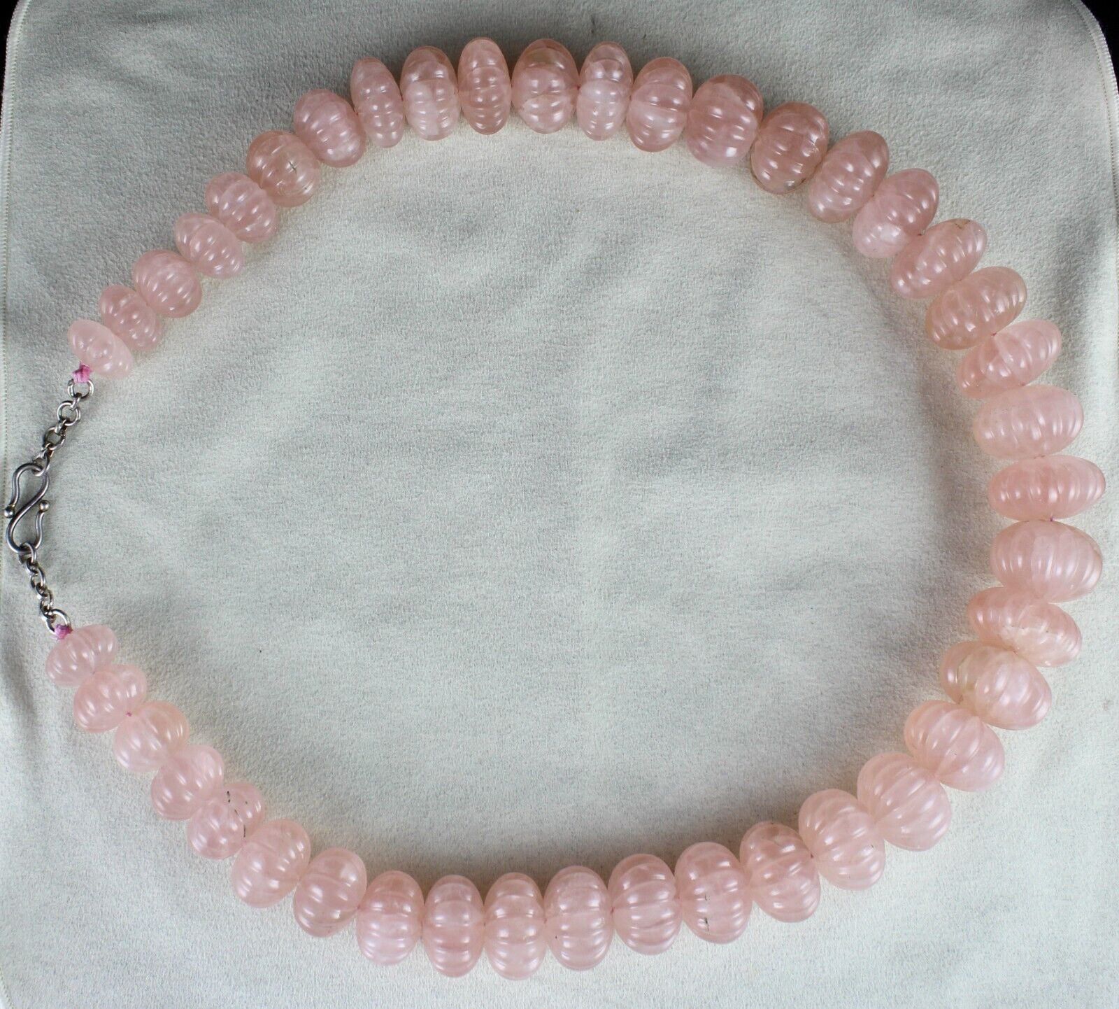 Vintage Natural Rose Quartz Melon Carved Beads 2406 Ct Gemstone Silver Necklace