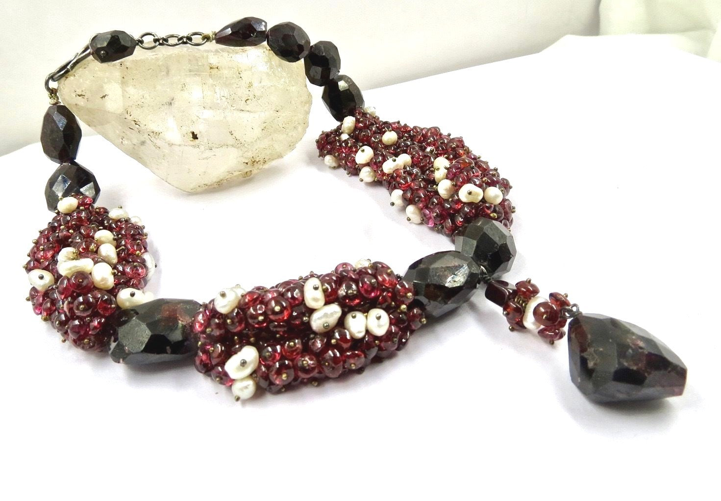Natural Red Garnet Pearl Beads Sterling Silver 783 Ct Designer Necklace