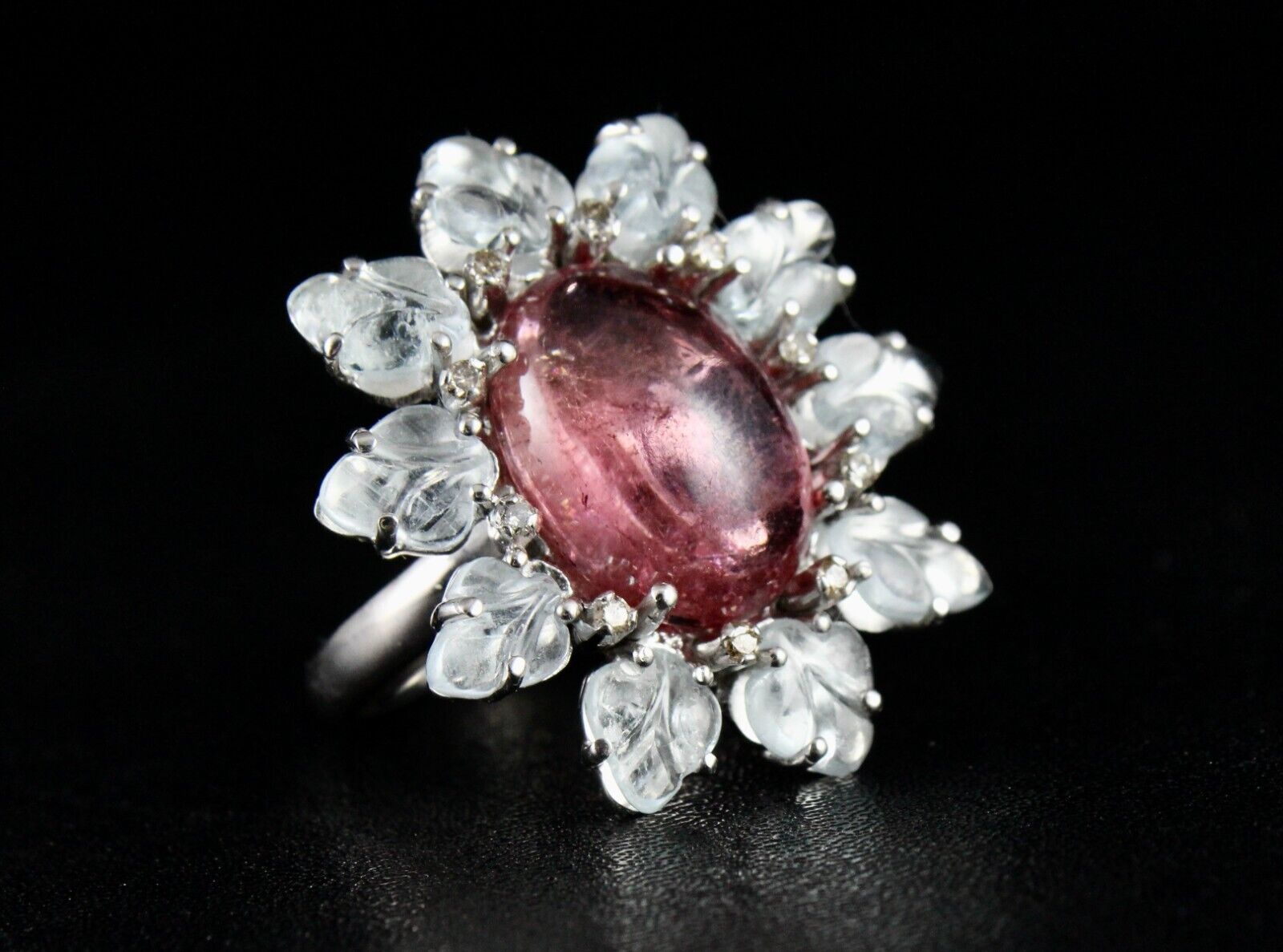 Antique Natural Pink Tourmaline Aquamarine Carved Gemstone Silver Victorian Ring