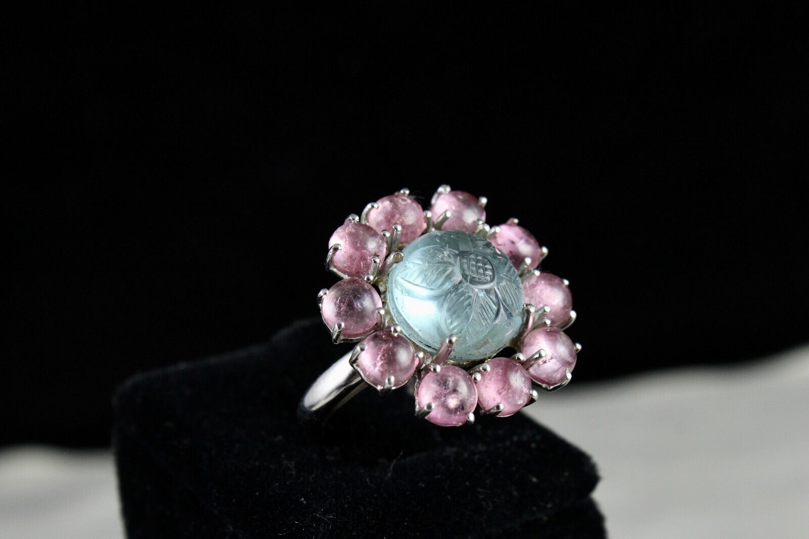 Antique Natural Aquamarine Carved Pink Tourmaline Gemstone Silver Victorian Ring