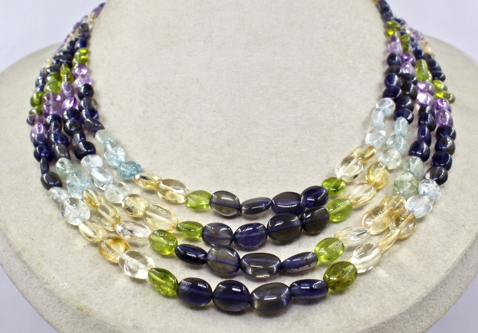 IOLITE PERIDOT AQUAMARINE CITRINE AMETHYST 4 L 364 CTS CABOCHON BEADS NECKLACE