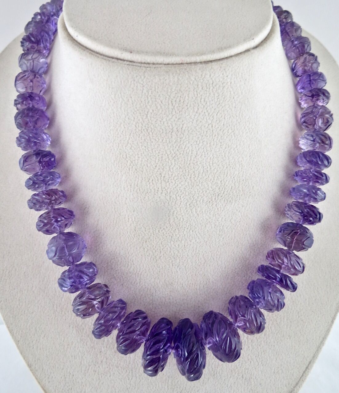 Natural Amethyst Beads Carved Round 782 Ct Gemstone Silver Vintage Necklace