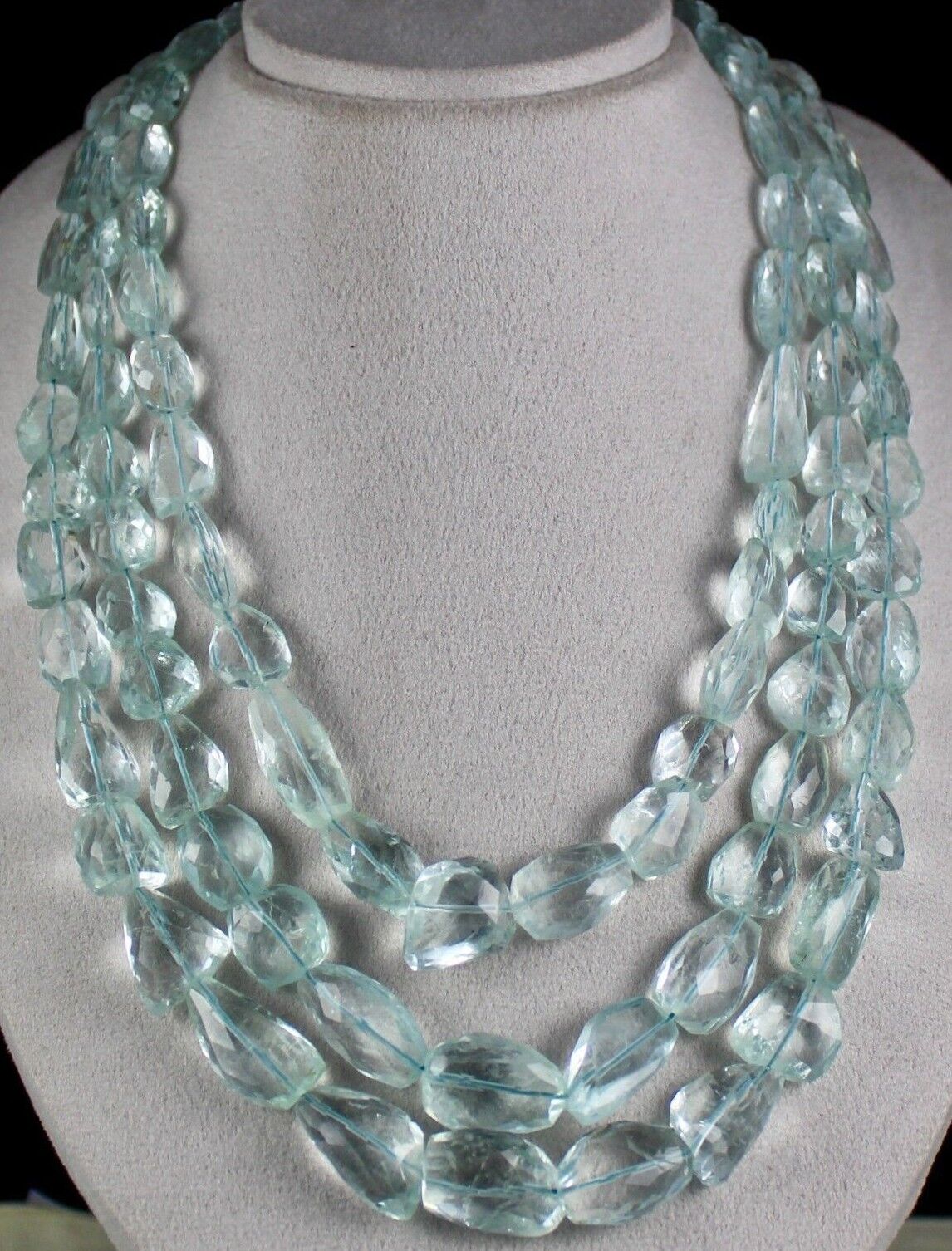 NATURAL UNTREATED AQUAMARINE FACETED TUMBLE BEADS 3 LINE 1557CARATS GEM NECKLACE