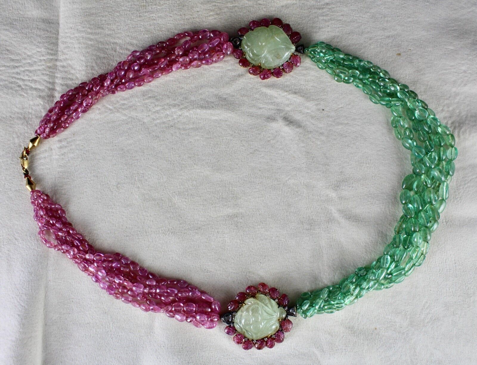 NATURAL COLOMBIAN EMERALD PINK SAPPHIRE BEADS CARVED GEMSTONE 18K GOLD NECKLACE