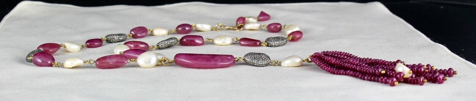 Certified Natural RUBY Nugget PEARL DIAMOND Bead Statement Necklace 18K Gold Set