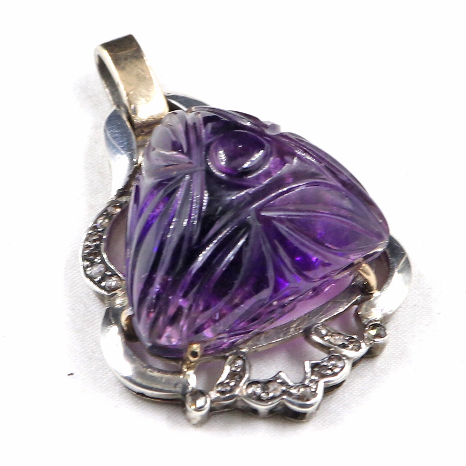 ANTIQUE NATURAL AMETHYST CARVED DIAMOND VICTORIAN PENDANT IN 925 SILVER & GOLD