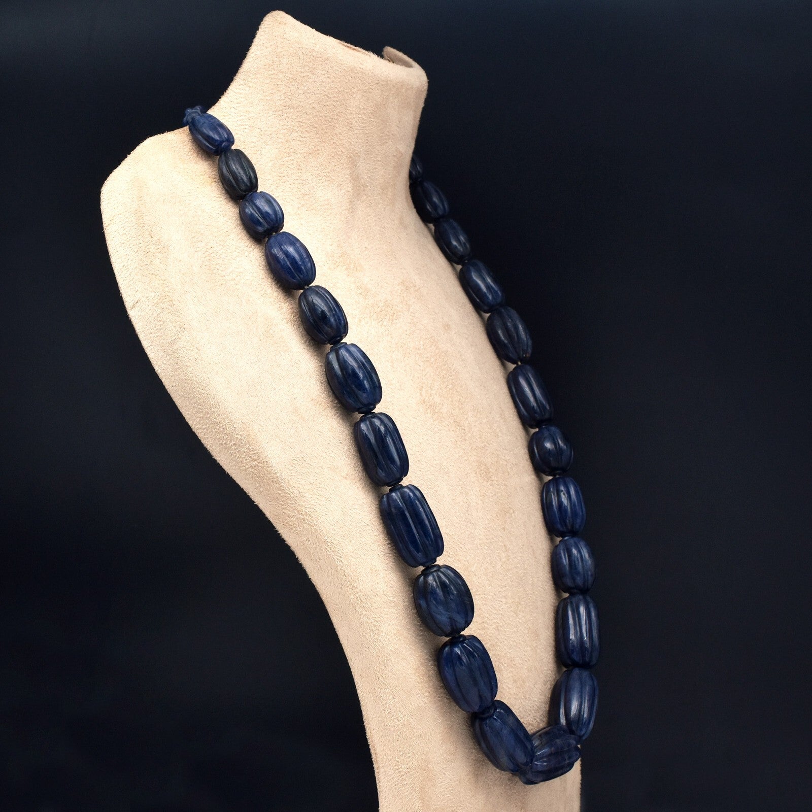 Vintage Blue Jade 861 Ct Long Carved Beads Necklace Sterling Silver Hook