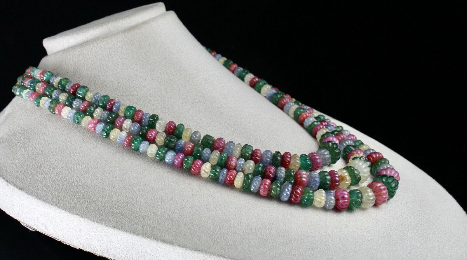 NATURAL EMERALD RUBY SAPPHIRE BEADS 1173 CARATS MELON CARVED ESTATE NECKLACE