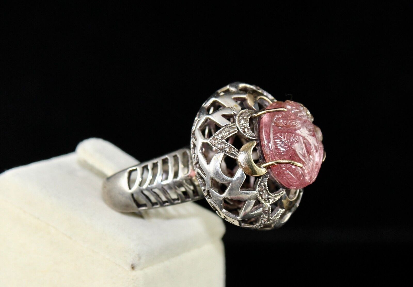 Antique Pink Tourmaline Carved Diamond 18k Gold Silver Cocktail Victorian Ring