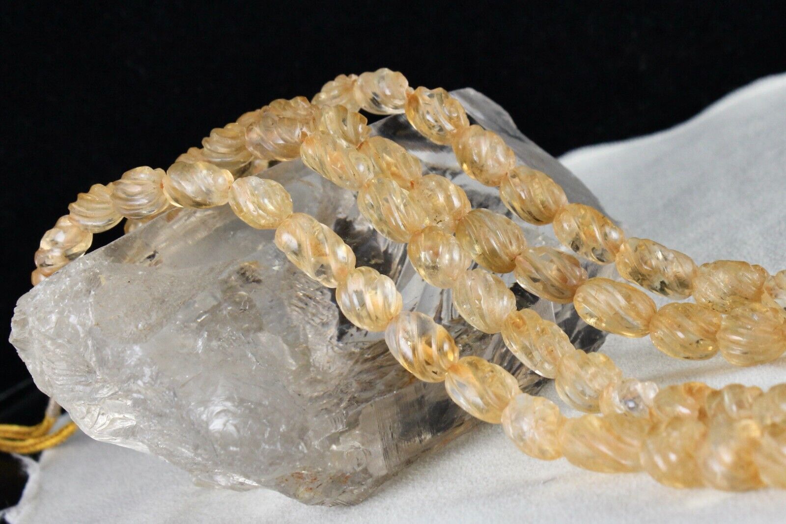 Natural Citrine Beads Carved Oval 2 L 587 Ct Yellow Gemstone Vintage Necklace