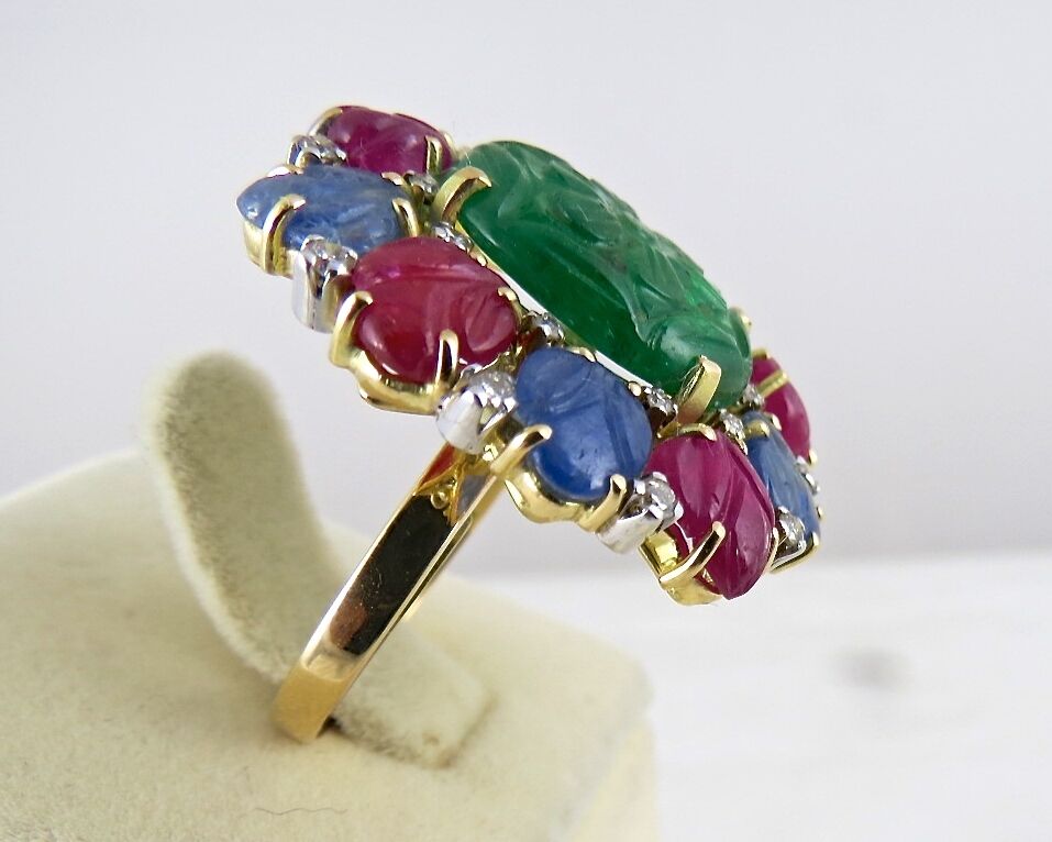 Natural Untreated Emerald Ruby Blue Sapphire Carved Diamond 18K Gold Fine Ring