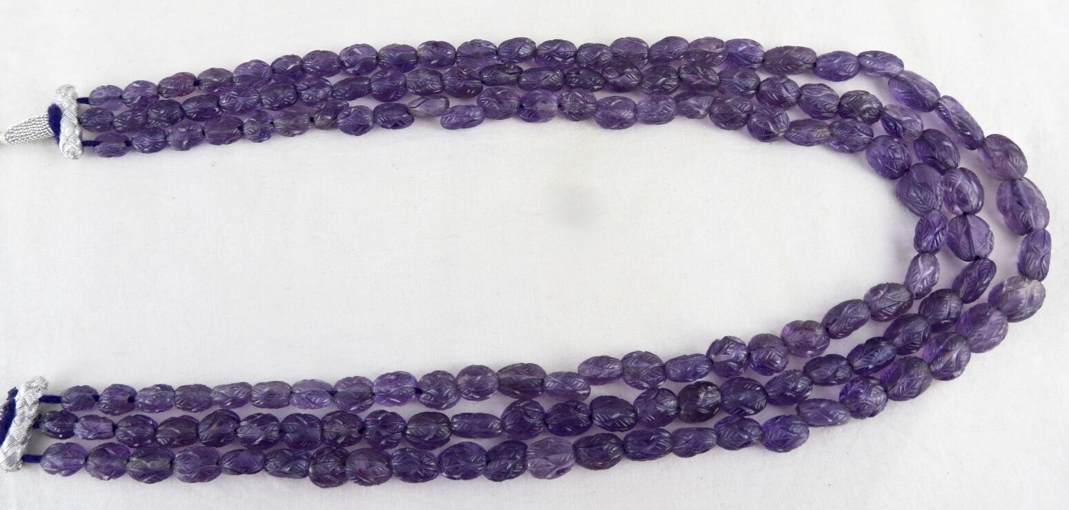 NATURAL AMETHYST BEADS CARVED CABOCHON 3 LINE 564 CARATS GEMSTONE NECKLACE 