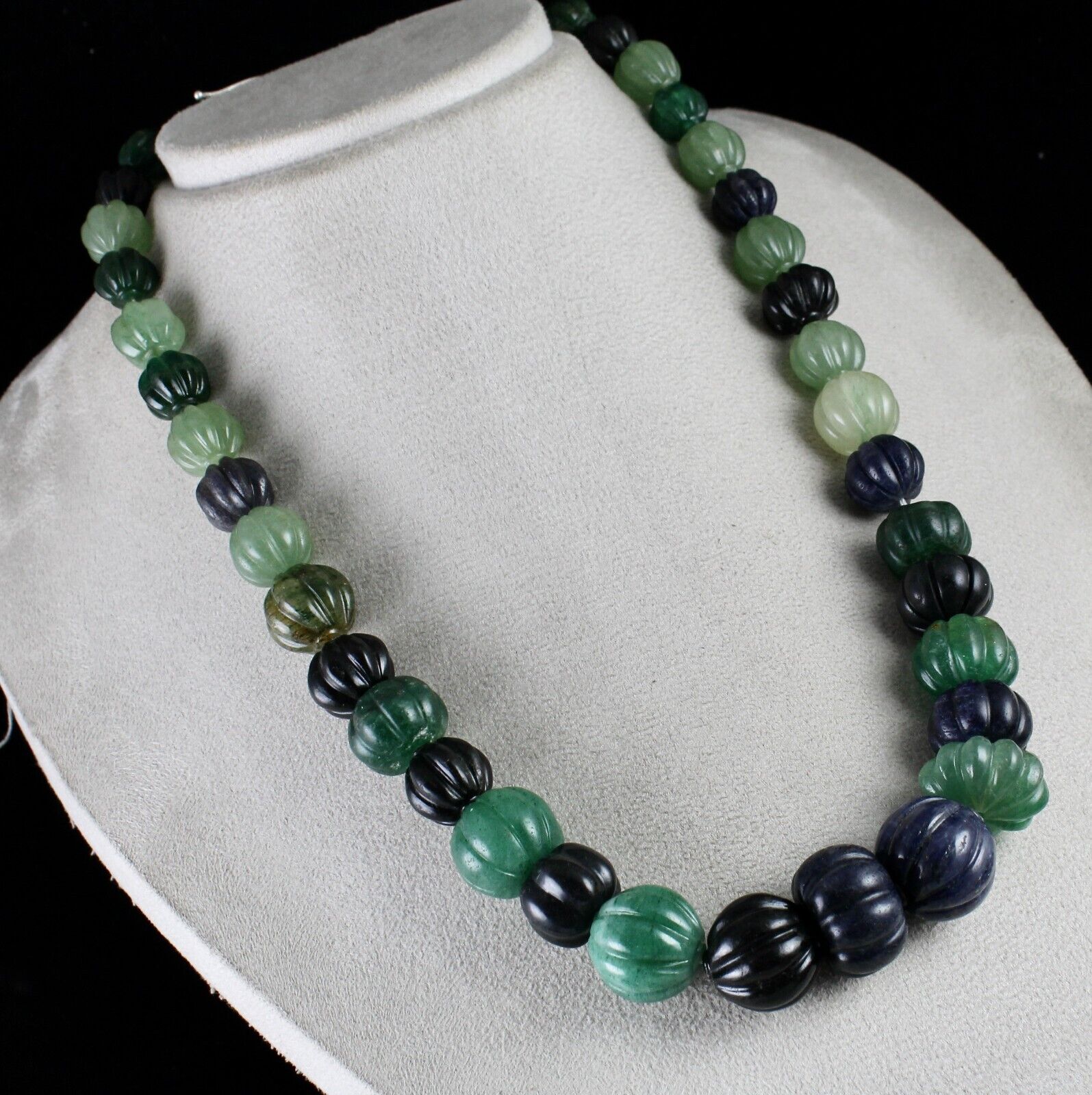 Natural Multi Jade Melon Carved Beads 960 Ct Blue Green Gemstone Silver Necklace