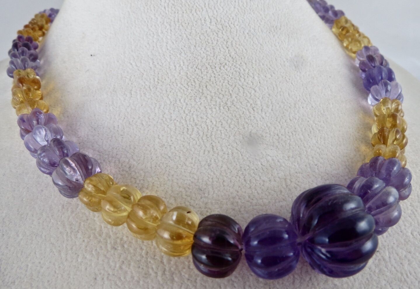 NATURAL MULTI AMETHYST CITRINE CARVED MELON BEADS 325 CTS GEMSTONE NECKLACE