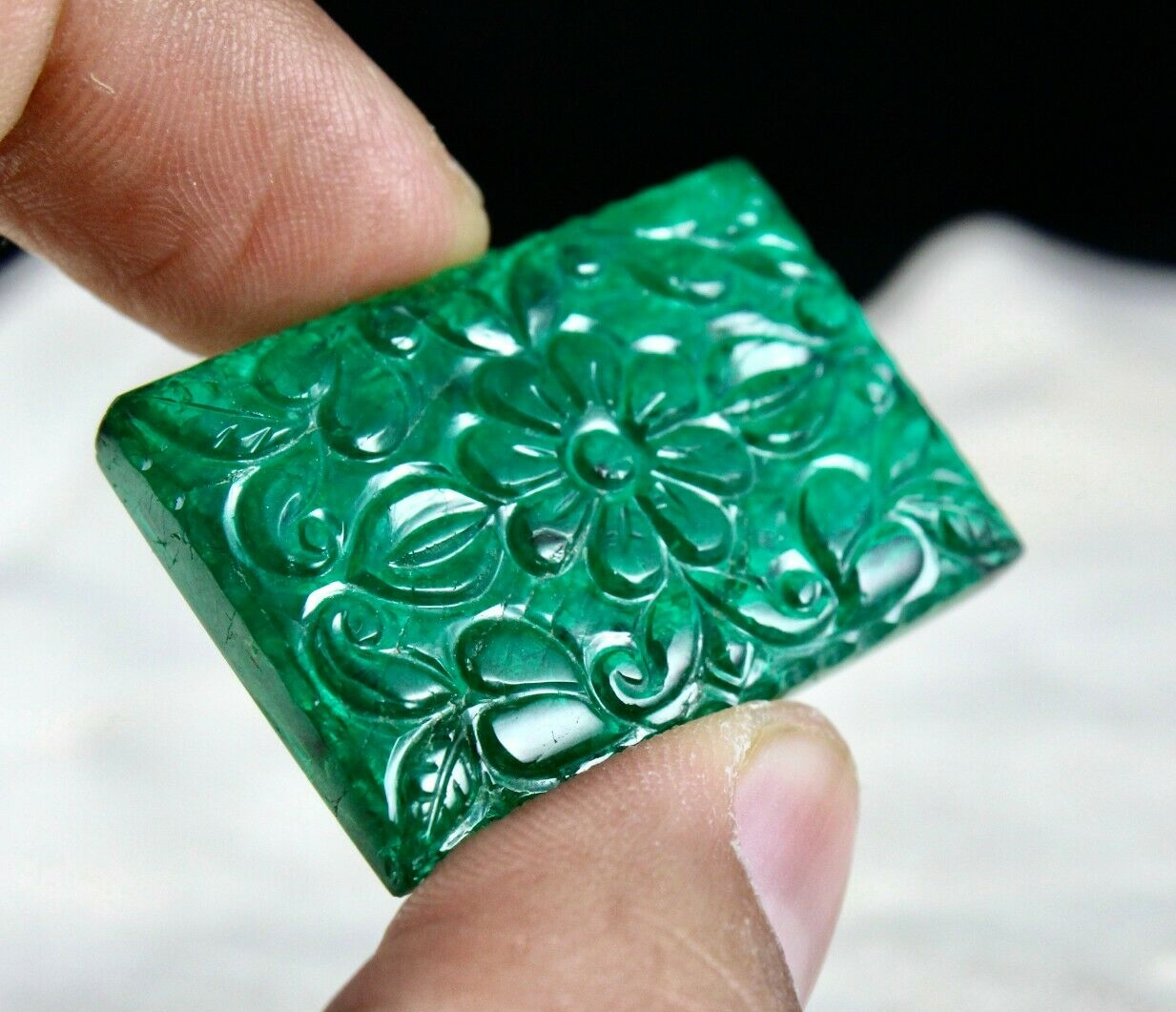 NATURAL ZAMBIAN EMERALD CARVED RECTANGLE 76.67 CARATS 26x38 MM GEMSTONE PENDANT