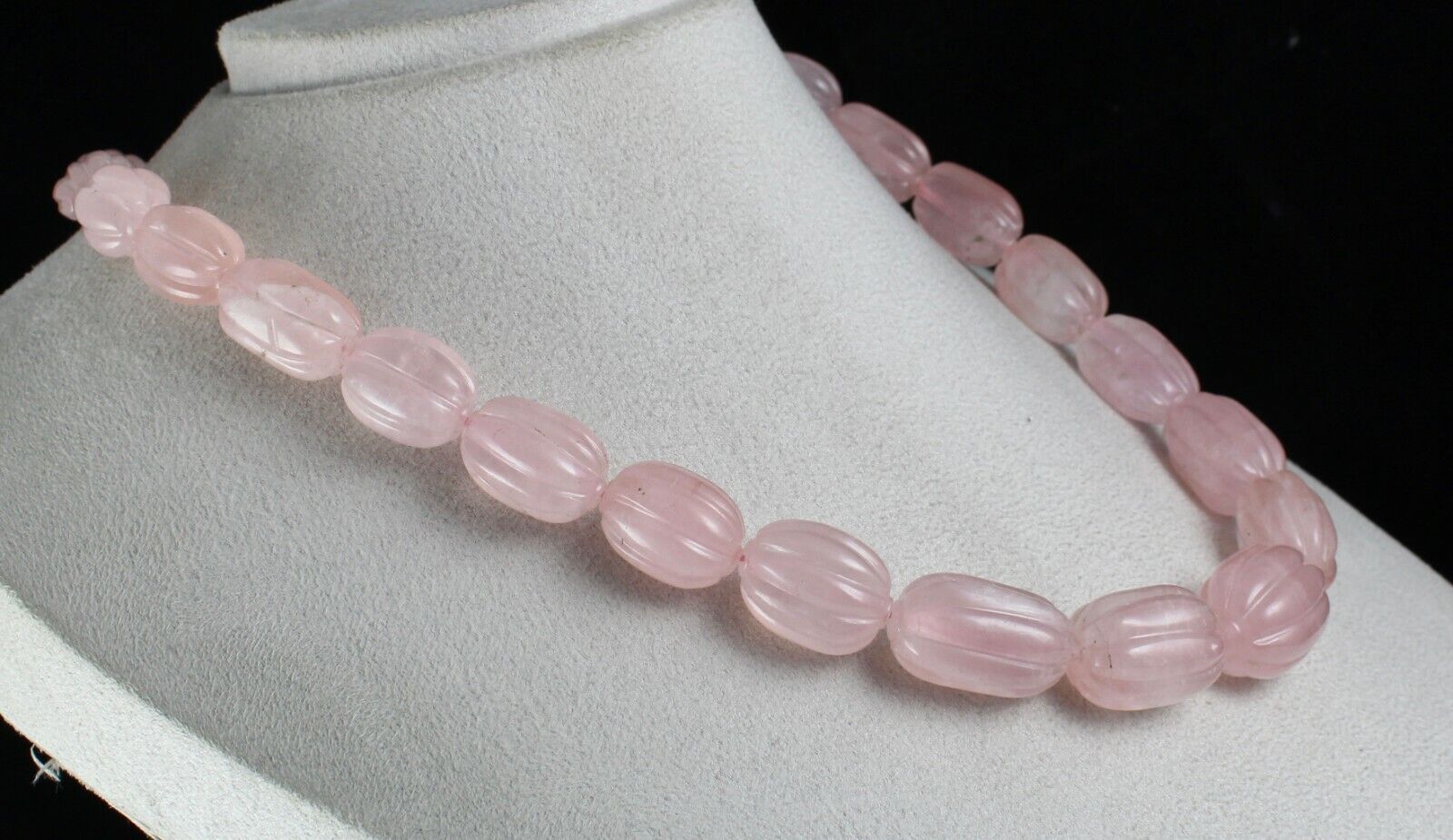 NATURAL ROSE QUARTZ MELON CARVED LONG BEADS 883 CARATS GEMSTONE SILVER NECKLACE