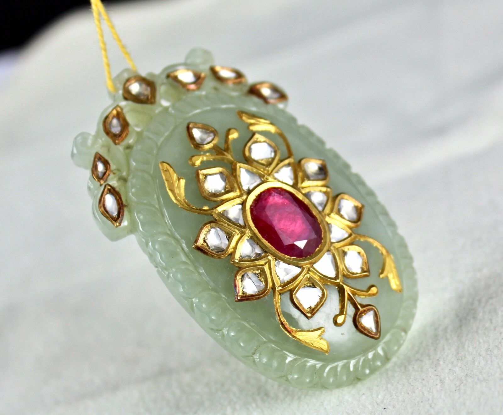 ANTIQUE GREEN JADE TAKTI PENDANT STUDDED WITH DIAMOND & RUBY IN 22K YELLOW GOLD