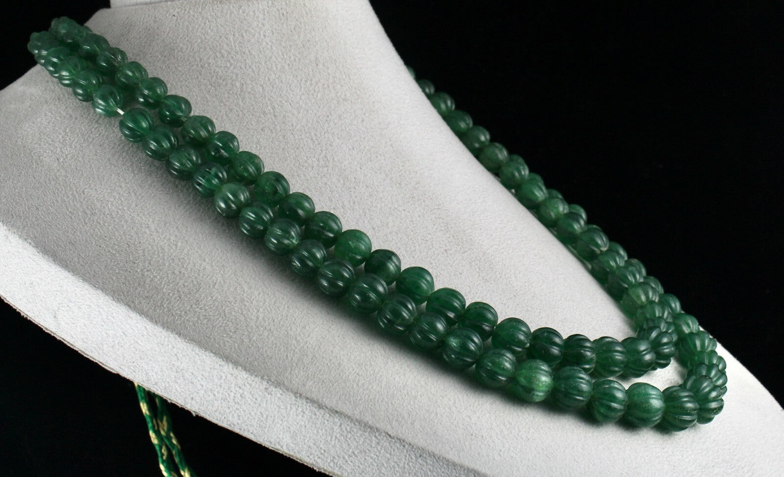 Natural Green Quartz 1034 Ct Melon Beaded Necklace, Carved Gemstone, 2 Line