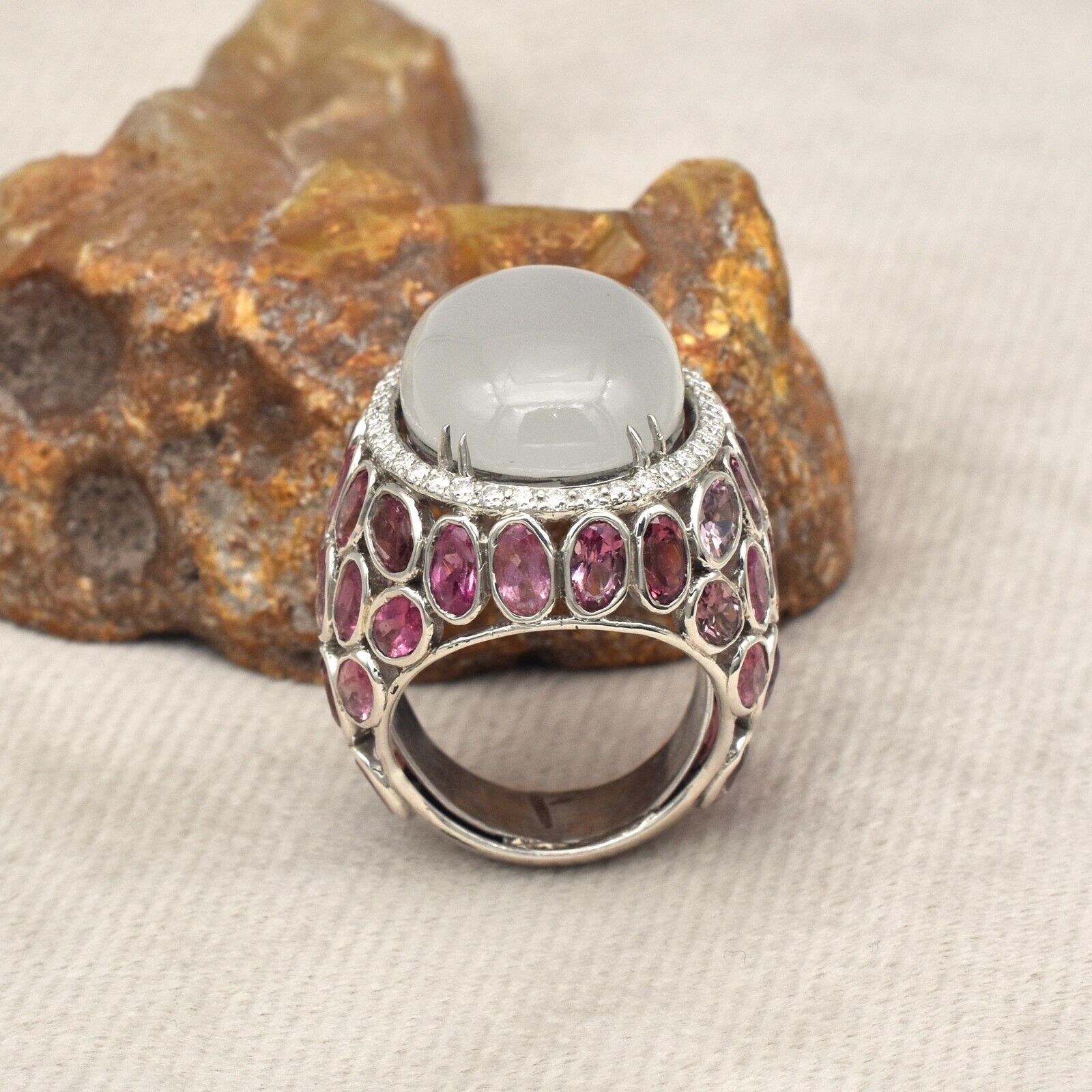 Natural Moonstone Cabochon Pink Tourmaline Moissanite 925 Silver Statement Ring