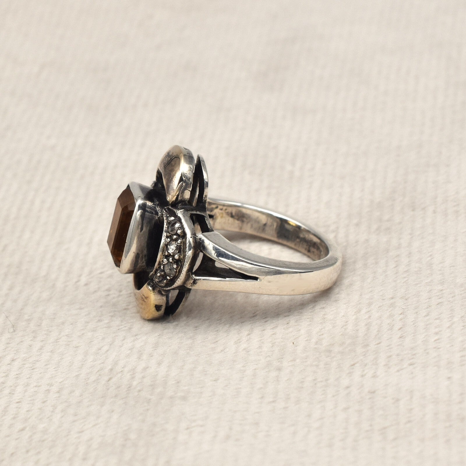 Antique Yellow Citrine 47ct Natural Diamond 18k Gold 925 Sterling Silver Ring