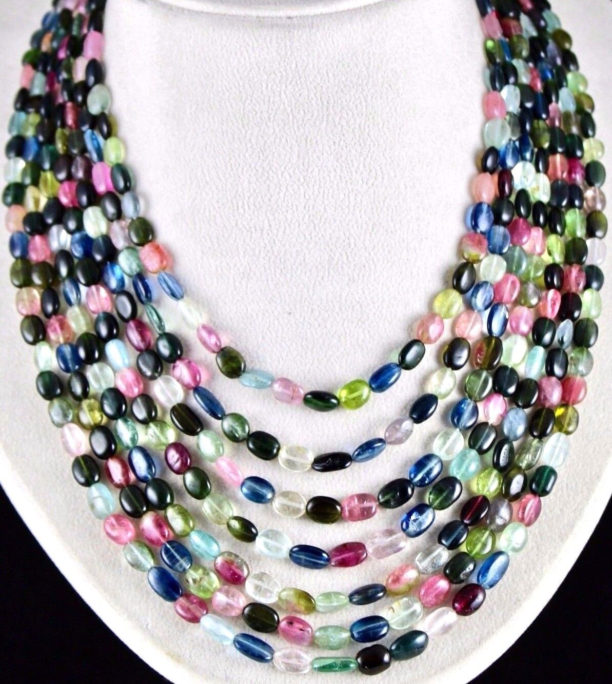 NATURAL MULTI TOURMALINE BEADS CABOCHON 7 LINE 700 CARATS GEMSTONE NECKLACE 