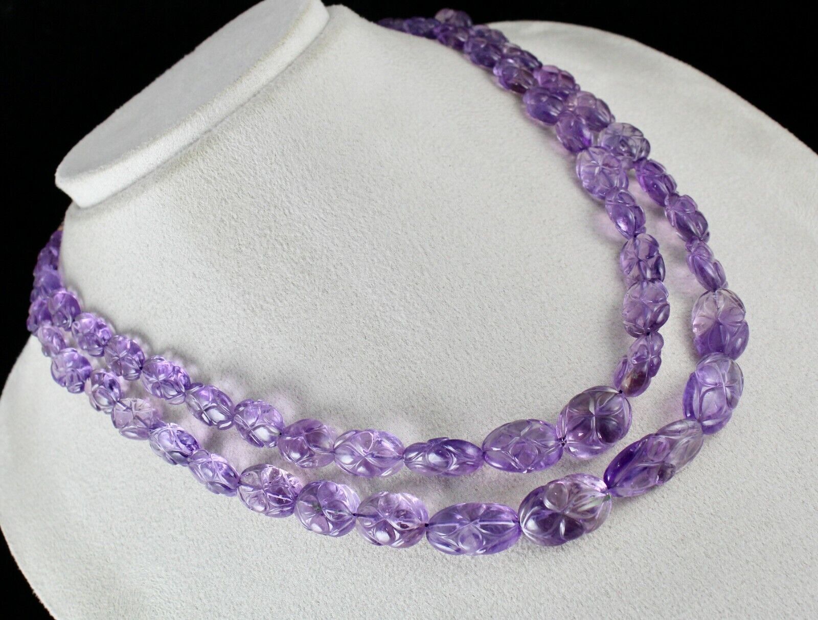 ANTIQUE NATURAL AMETHYST BEADS CARVED 2 LINE 478 CARATS GEMSTONE FINE NECKLACE