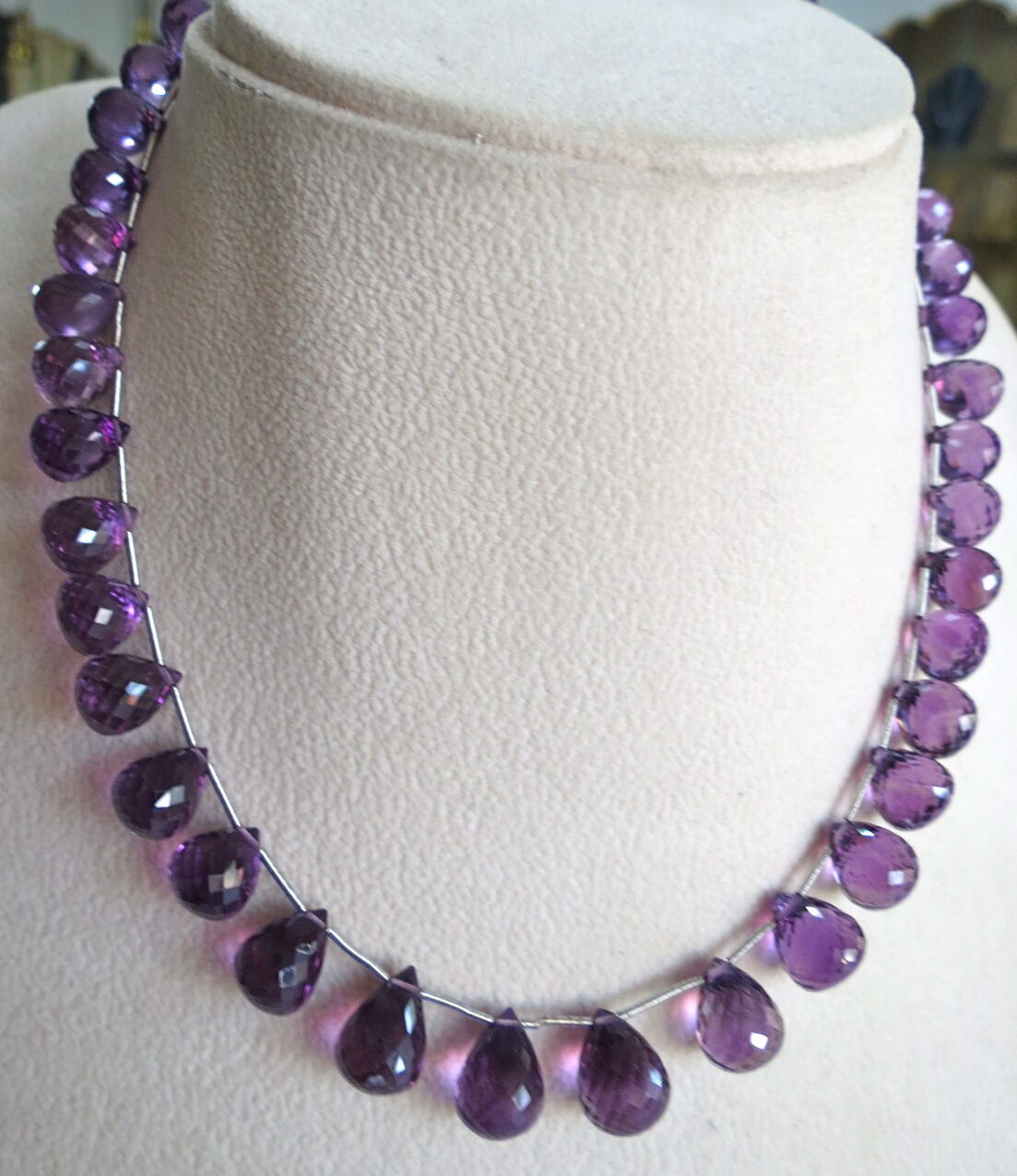 Natural Amethyst Faceted Teardrop Beaded 233 Ct Purple Gemstone Silver Necklace