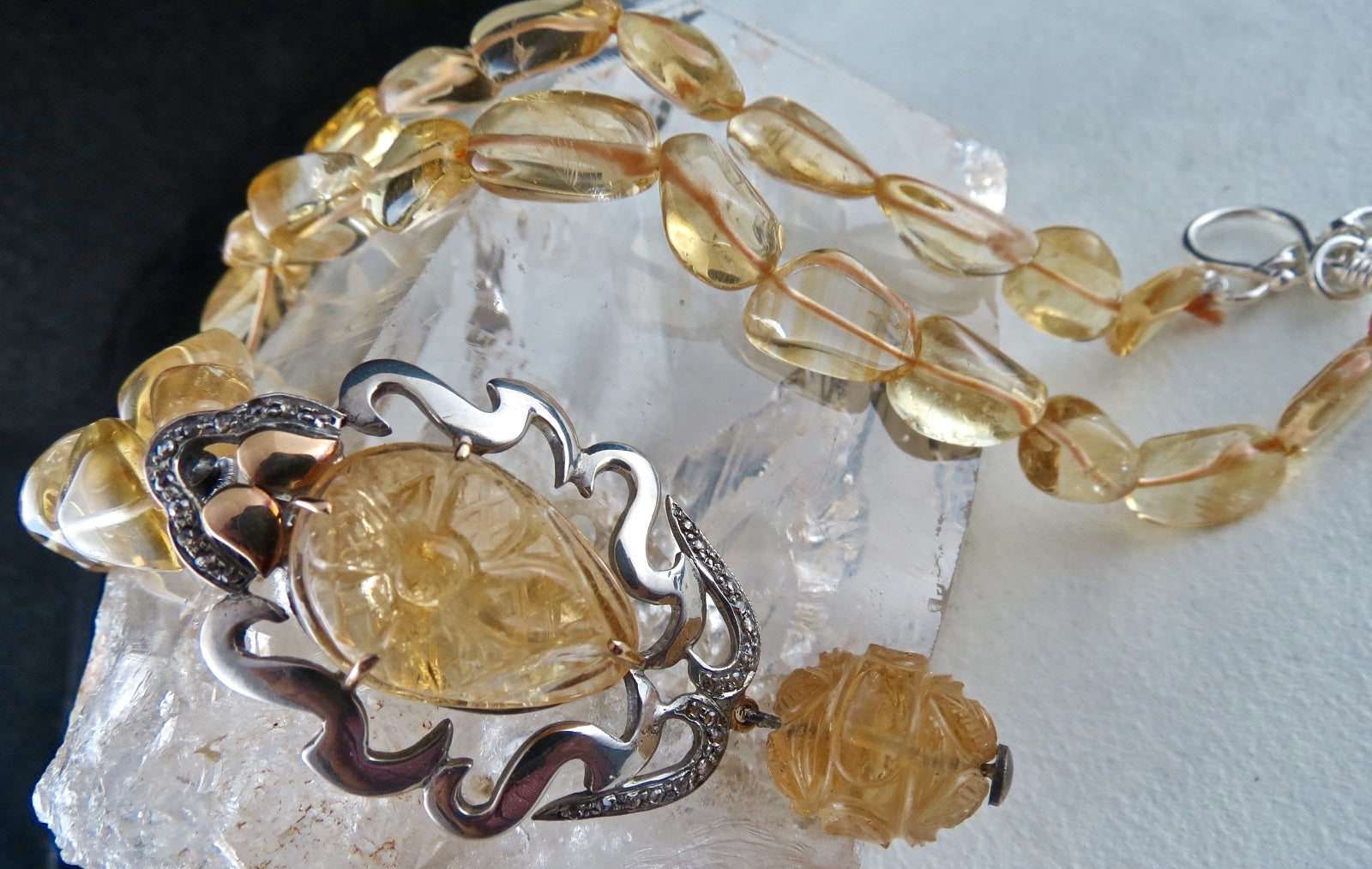 Citrine Diamond 284ct Sterling Silver 18k Gold Victorian Pendant Necklace