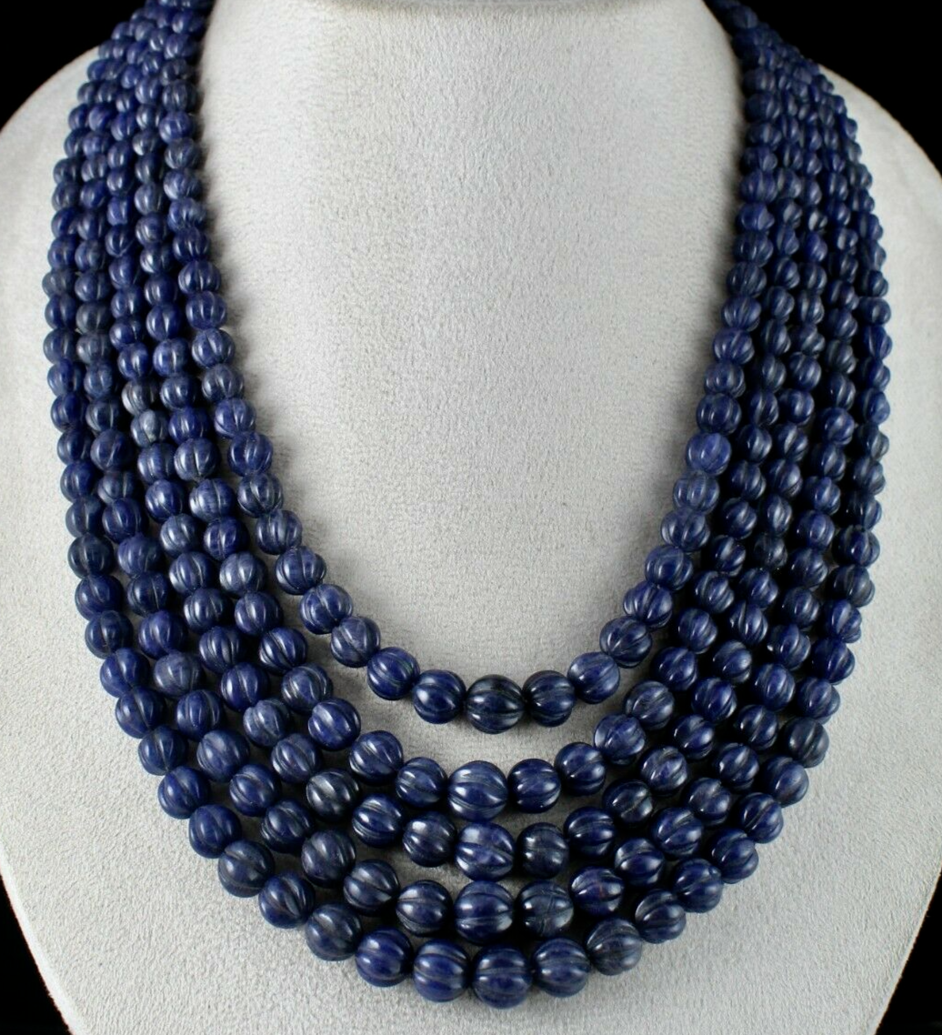 Blue Jade Carved Round Gemstone Necklace 1217 Cts Fashion 5 Line