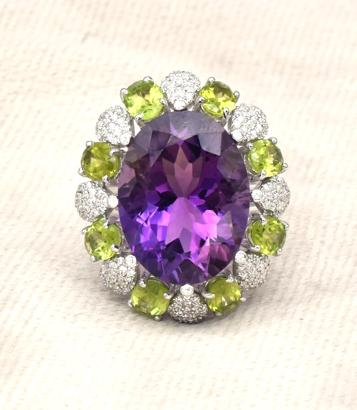 Natural Amethyst Oval Green Peridot Moissanite Cut Sterling Silver Cocktail Ring