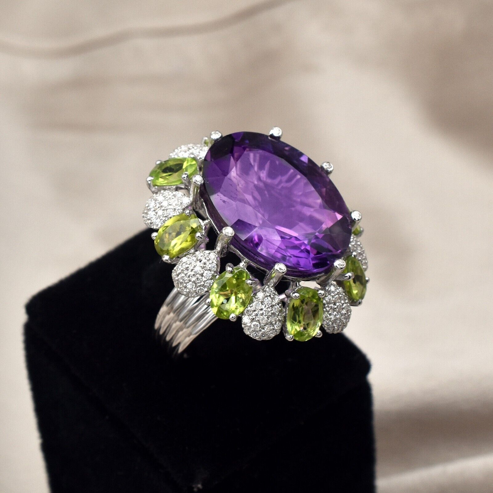 Natural Amethyst Oval Green Peridot Moissanite Cut Sterling Silver Cocktail Ring