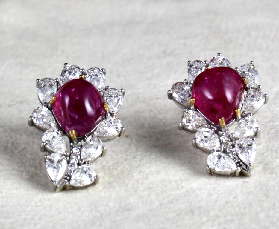 Certified Natural Burma Ruby Cabochon Pear Diamond 18K Gold Stud Earring