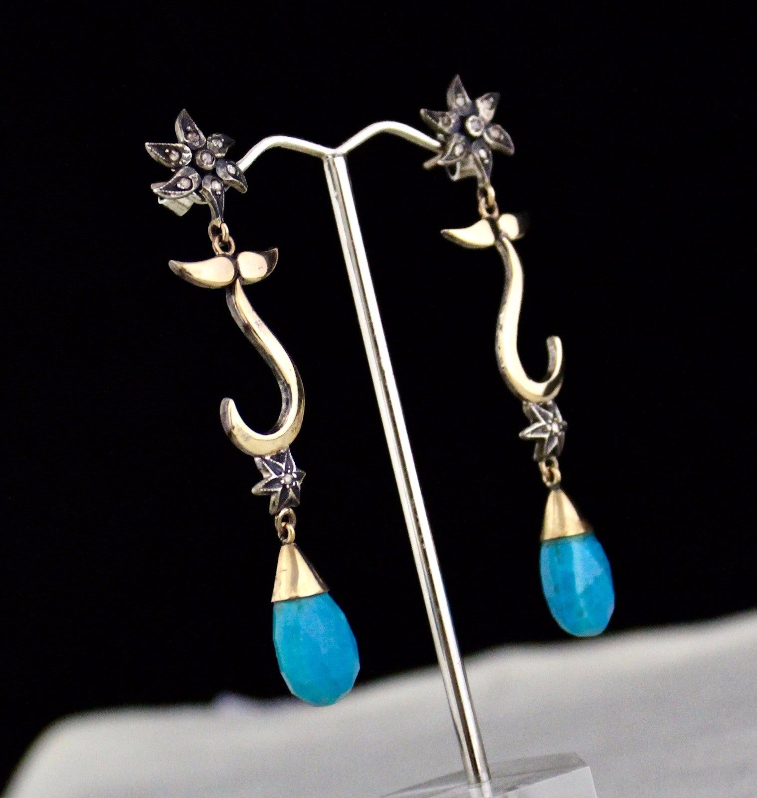 Victorian 18k Yellow Gold Silver Blue Turquoise 10ct Natural Diamond Earrings