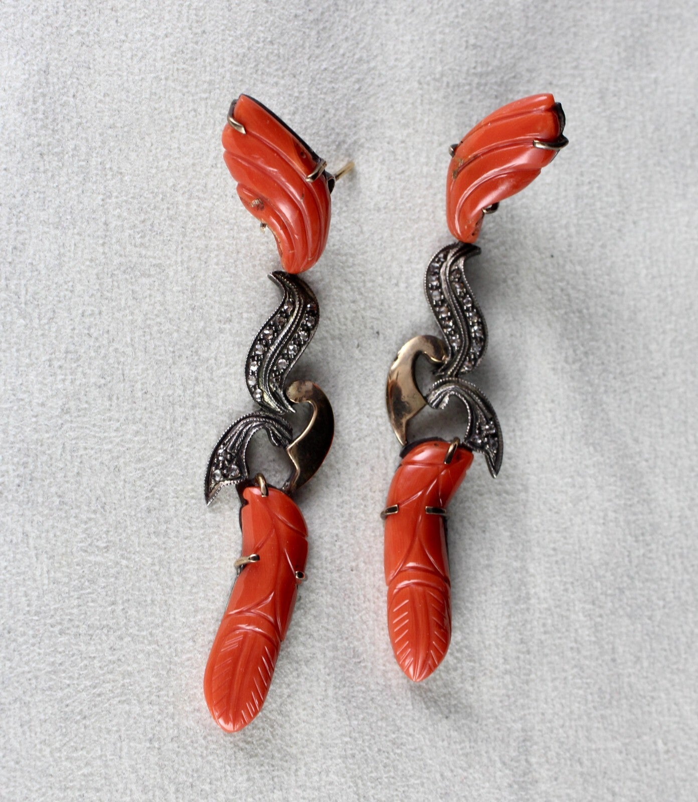 Estate Red Coral 10ct Natural Diamond 18k Gold 925 Sterling Silver Earrings