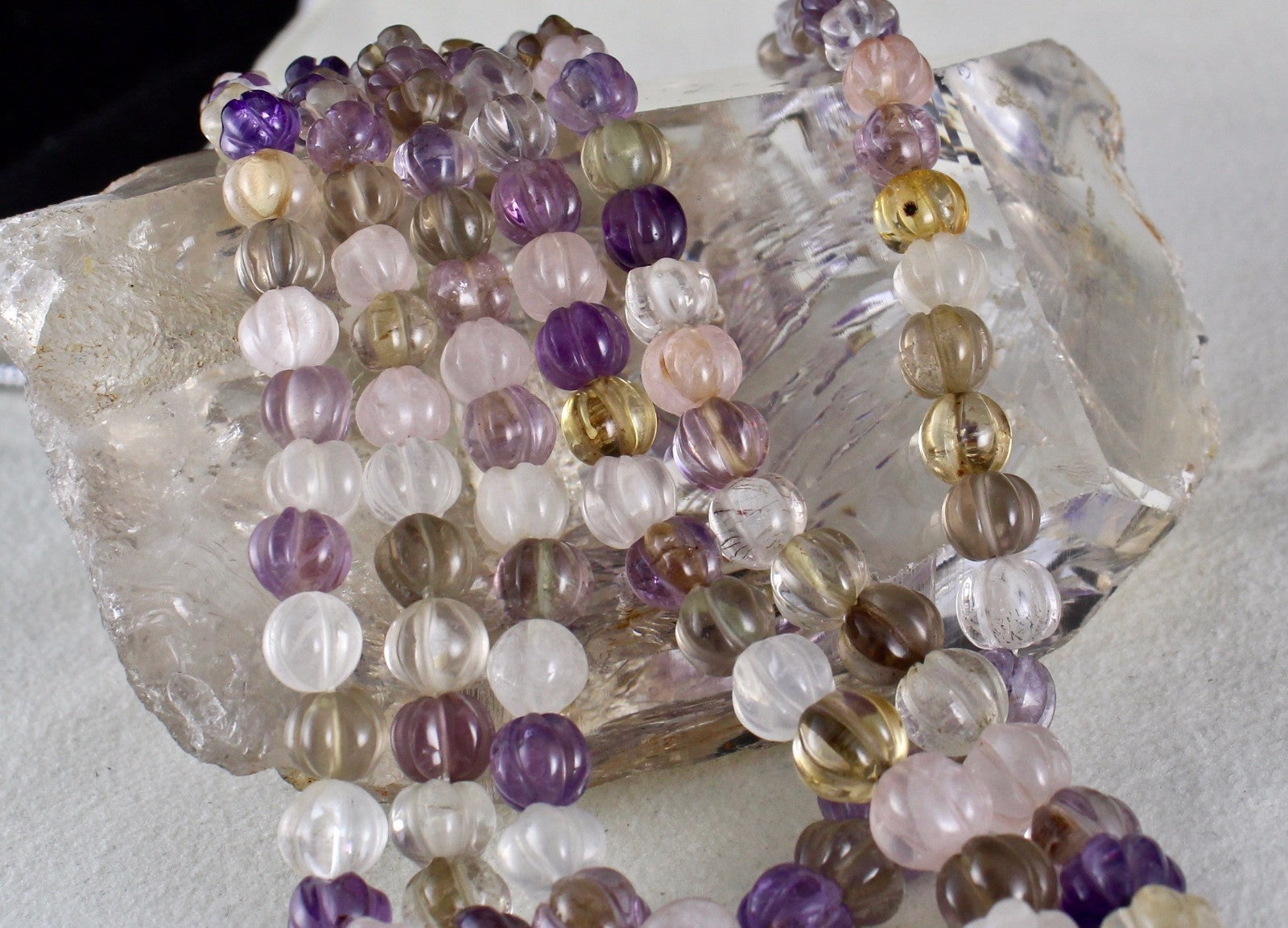 Multicolor Carved Gemstone Fashion Necklace 498 Ct Semi-precious Beads 3 Line