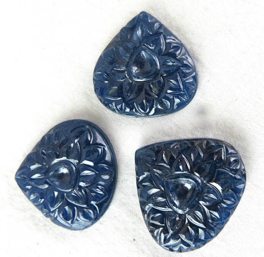 Natural Untreated Blue Sapphire Carved Heart 65 Ct Earring Pendant Gemstone Set